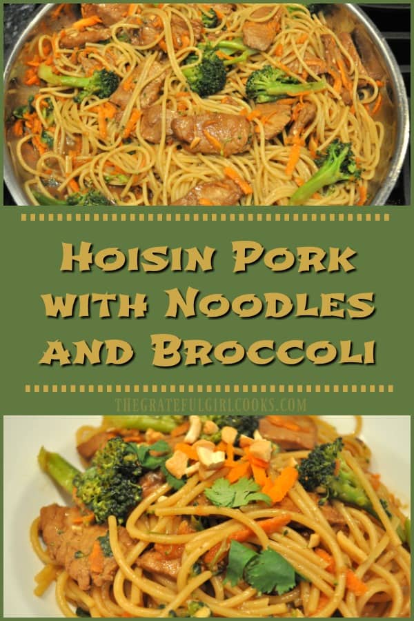 You'll LOVE Hoisin Pork with Noodles and Broccoli, featuring marinated pork with noodles, broccoli and carrots cooked in an Asian inspired sauce!