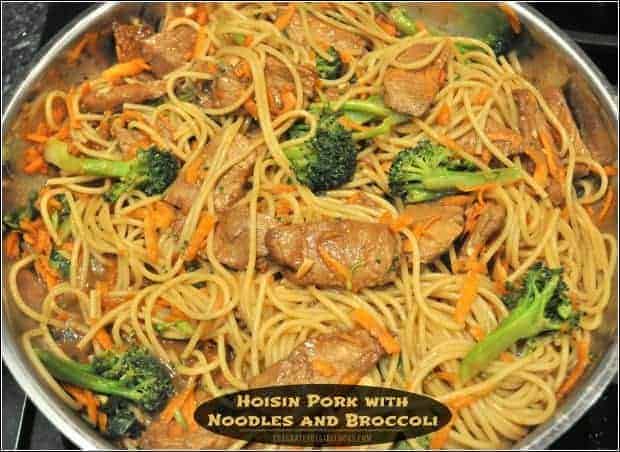 You'll LOVE Hoisin Pork with Noodles and Broccoli, featuring marinated pork with noodles, broccoli and carrots cooked in an Asian inspired sauce!