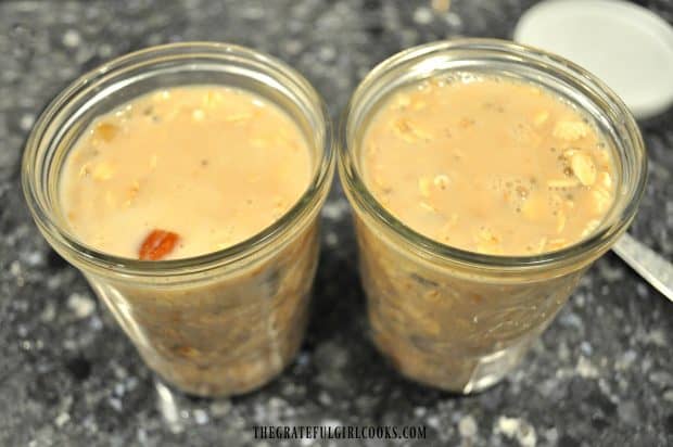 Almond milk added to overnight oats in two jars