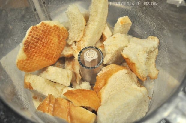 Hard, stale bread is placed into food processor to make crumbs