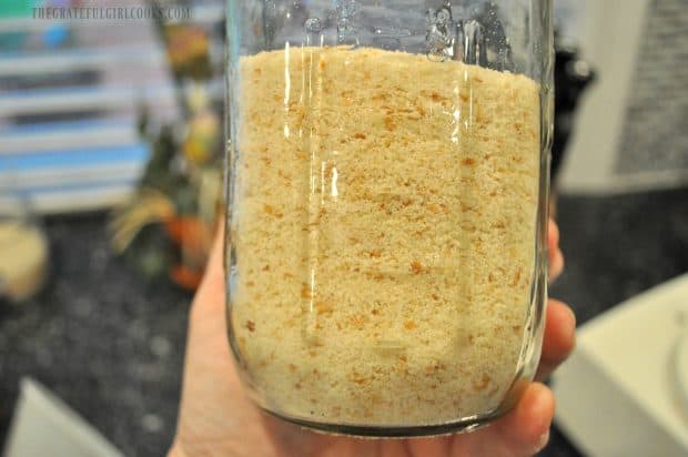 Canning jar, full of finely ground bread crumbs