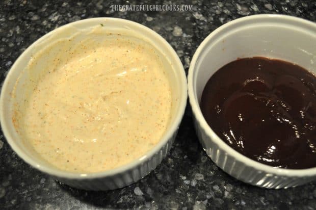 Dipping sauces, served to accompany Cajun tater tots
