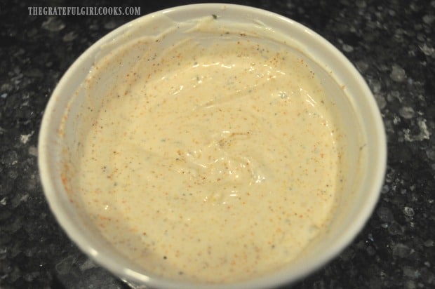 Dipping sauce for tater tots, in white bowl