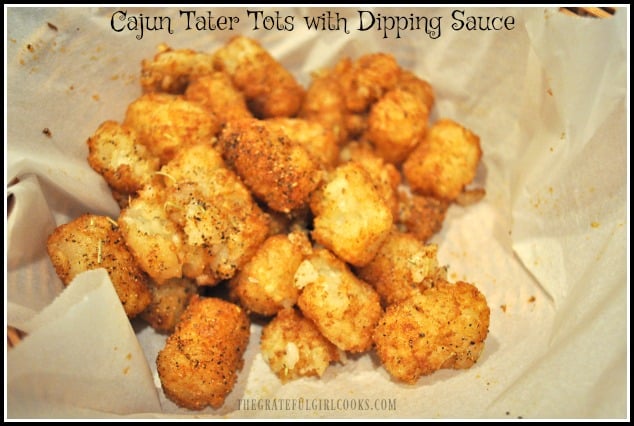 Spicy Cajun tater tots (fried OR baked), served with a seasoned Ranch/Sour Cream dipping sauce and BBQ sauce, are the perfect appetizer to munch on at any dinner, get together or party!