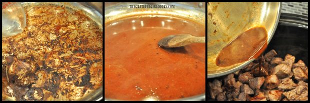 Skillet is de-glazed with water, then poured into slow cooker over beef