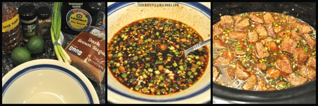 Marinade mixed for carne asada in bowl, then into slow cooker over beef