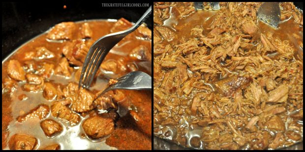 Shredding beef for carne asada with two forks