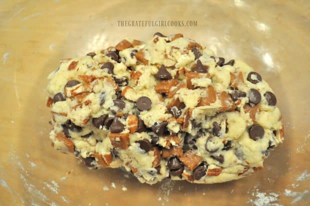 Scone dough is filled with chocolate, pecans and caramel pieces