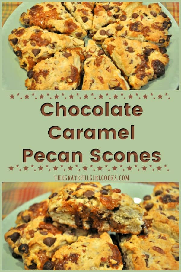 Grab some coffee or tea and enjoy these absolutely delicious scones, filled with milk chocolate chips, caramel and pecans, for breakfast or a simple snack.