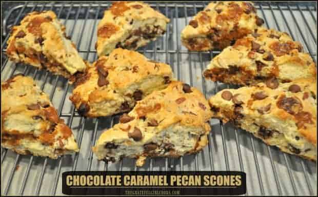 Grab some coffee or tea and enjoy these absolutely delicious scones, filled with milk chocolate chips, caramel and pecans, for breakfast or a simple snack.