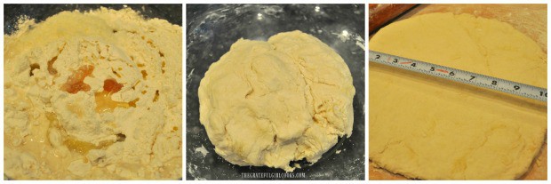 Focaccia dough is mixed, formed into ball and rolled into 10" circle