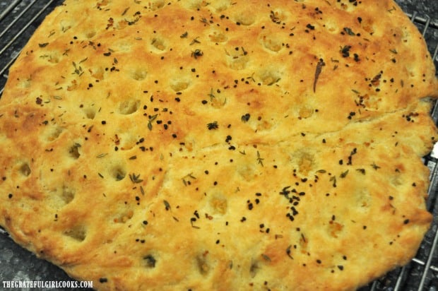 Top crust of garlic focaccia bread after baking