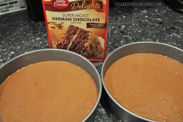 German chocolate cake mix batter in two pans, ready to bake