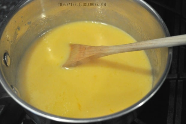 Thickened sauce for homemade cake frosting in saucepan