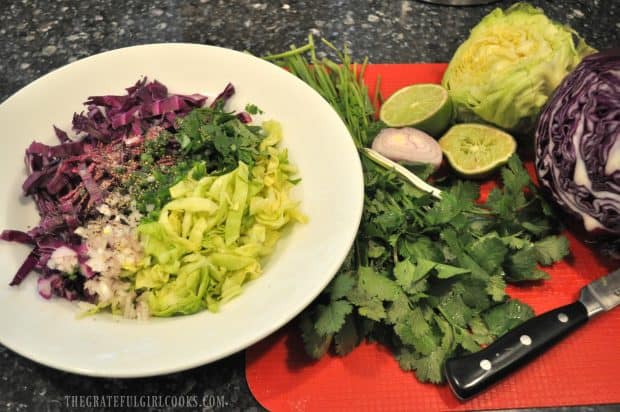 Ingredients for cabbage slaw for fish tacos