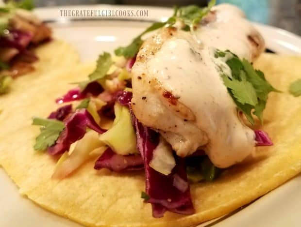 Close up photo of homemade grilled fish taco, with sauce