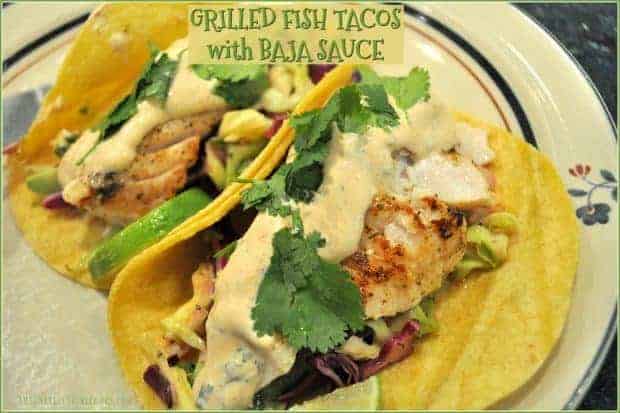 You're gonna LOVE these grilled fish tacos, w/ corn tortillas, crisp marinated slaw and avocado, topped with a creamy Southwestern flavored Baja sauce!