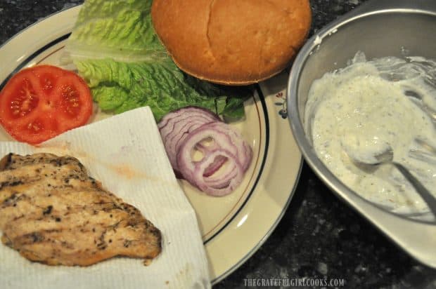 Ingredients to make a grilled chicken sandwich, Mediterranean style