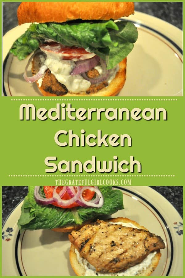 Enjoy this flavorful Mediterranean chicken sandwich, with tomato, lettuce, red onion, and creamy sauce (feta cheese, yogurt, dill, garlic, & oregano)!