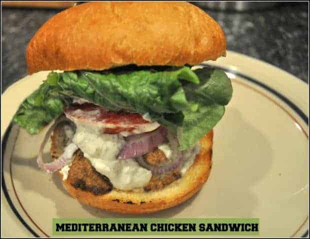 Enjoy this flavorful Mediterranean chicken sandwich, with tomato, lettuce, red onion, and creamy sauce (feta cheese, yogurt, dill, garlic, & oregano)!