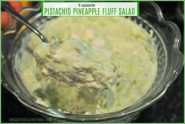 This sweet, creamy pistachio pineapple fluff salad is incredibly easy to make (5 minutes), serves 8, and is a great side dish or dessert your family will LOVE!
