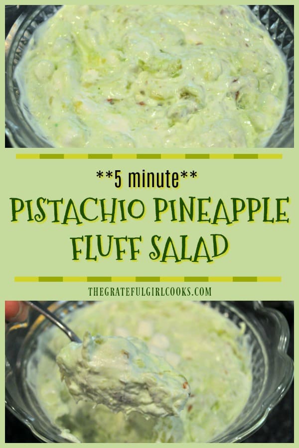This sweet, creamy and delicious pistachio pineapple fluff salad is incredibly easy to make (in 5 minutes), serves 8, and is a great side dish or dessert your family will LOVE!