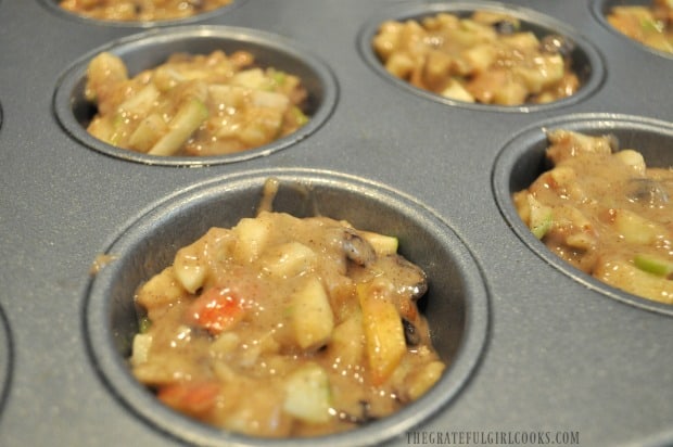 Apple raisin muffin batter in metal muffin tin