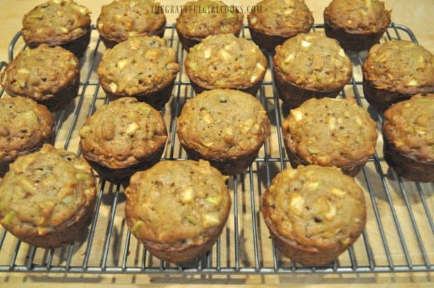 Eighteen baked apple raisin muffins on wire rack