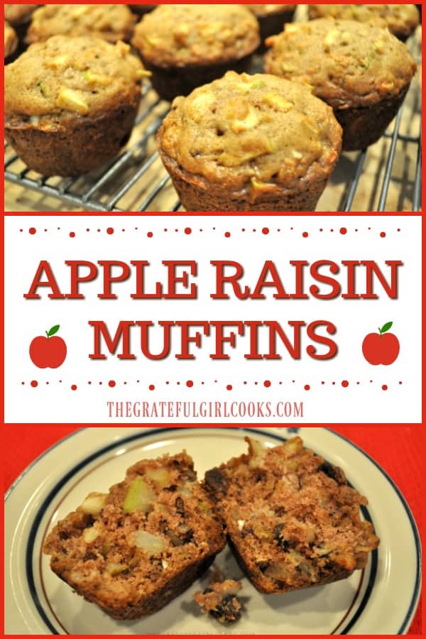 These moist and delicious apple raisin muffins, full of fresh apples, raisins, cinnamon and pecans, are an easy to make treat for breakfast or brunch!