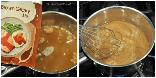 Brown gravy is cooked, to add to stuffed beef rolls