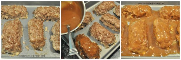 Partially baked beef rolls are covered with gravy then baked again