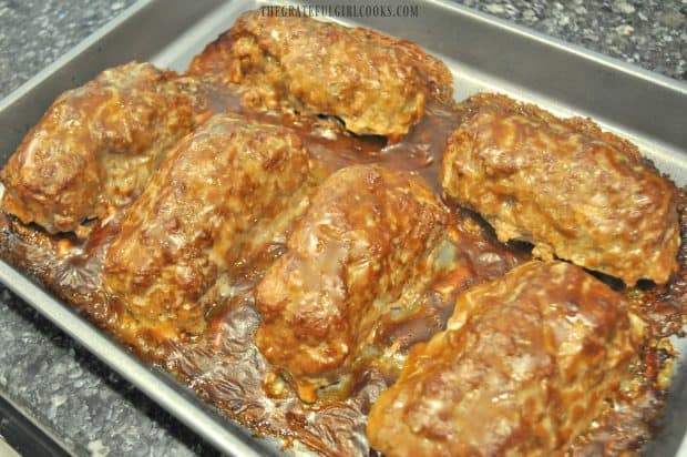 Stuffed beef rolls with gravy, hot out of oven