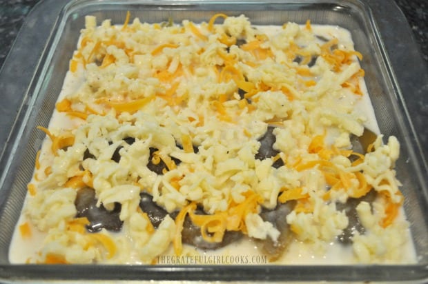 Casserole with green chiles and cheese is ready to go into oven