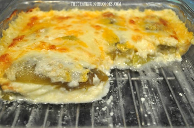 A close up look at the inside of chili relleno casserole after baking