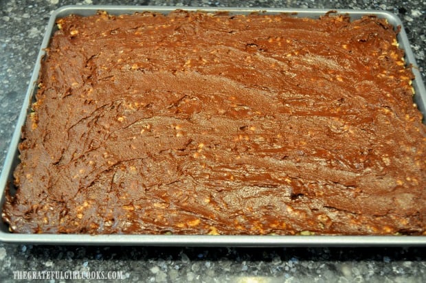 Chocolate frosted krispy bars in long metal pan