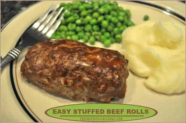 You'll love these Easy Stuffed Beef Rolls, featuring ground beef with a savory bread crumb, onion and spice stuffing inside, and baked with brown gravy on top!