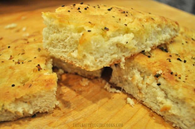 Close up photo of sliced focaccia bread 