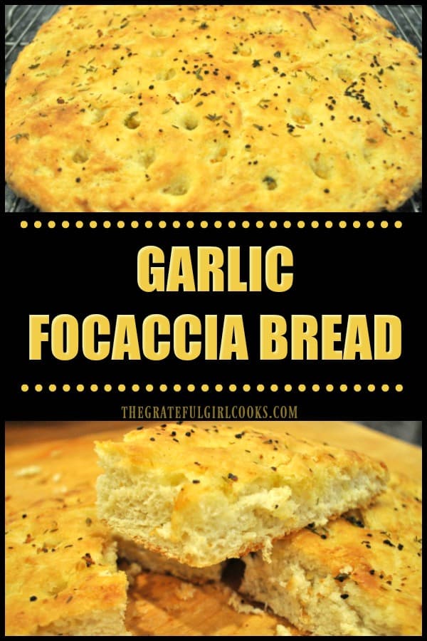Garlic Focaccia Bread, with olive oil and fresh herbs, is a great side dish for a variety of meats and salads, can be served as an appetizer with dipping oil and herbs, or simply used to make sandwiches!