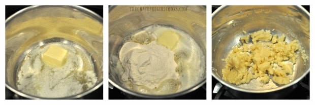 Cooking butter and flour to make a thickener for cheese sauce