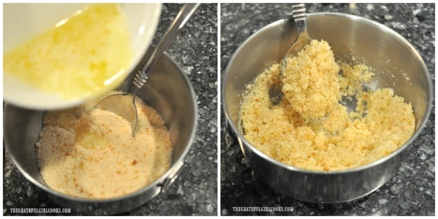 Buttery crumb topping is mixed for top of au gratin potato dish