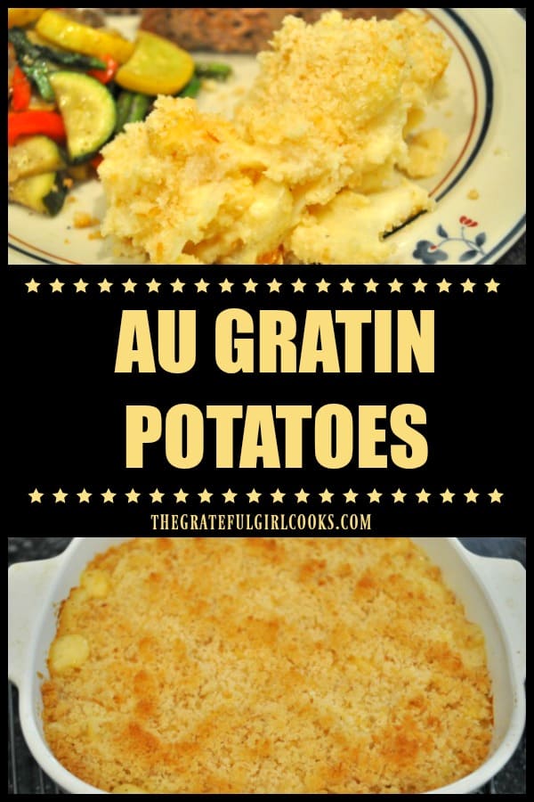 Au Gratin Potatoes are a comforting classic side dish, with thinly sliced potatoes covered in a homemade cheese sauce, then baked until golden brown and bubbly!