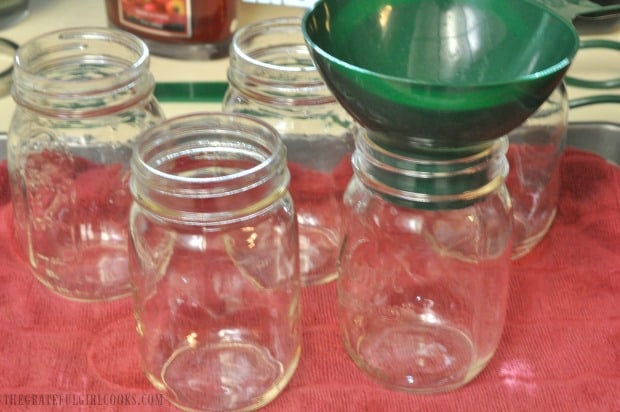 Sterilized canning jars and funnel, ready to can peach slices!
