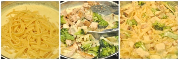 Fettucine noodles, chicken and broccoli are added to alfredo sauce