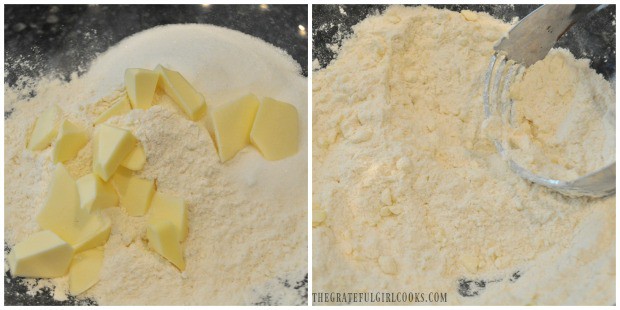 Butter is cut into flour and sugar for cake