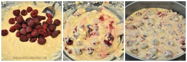 Raspberries are gently stirred into batter, then batter is placed in cake pan