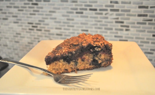A slice of the triple berry streusel coffeecake, ready to eat!