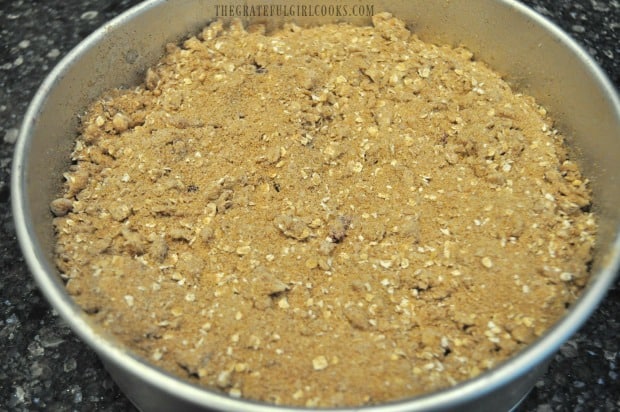 Streusel topping is sprinkled all over the top of the coffeecake.