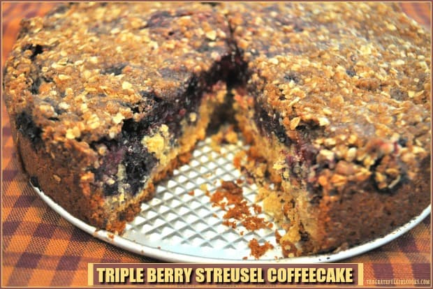 Triple Berry Streusel Coffeecake with blackberries, raspberries and blueberries, and topped with a buttery crumb topping is a perfect breakfast or brunch treat!