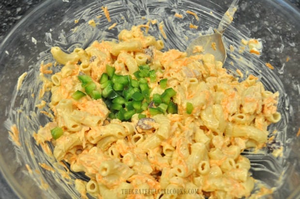 Chopped green peppers are added to pasta salad