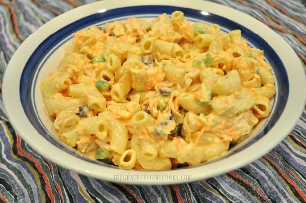 Tuna pasta salad ready to serve, in white bowl